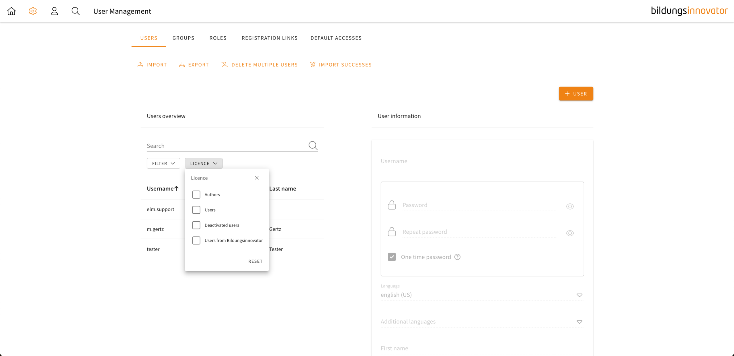 User Management Filter Licences