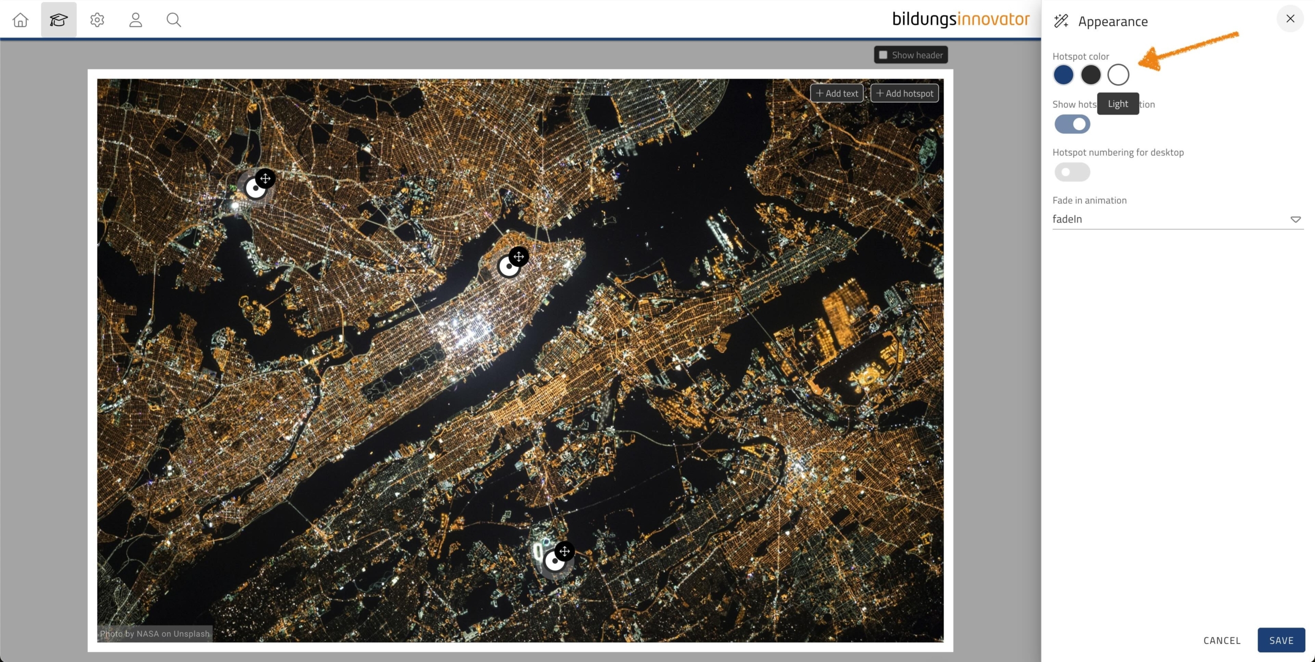 Hotspots on a stage with changed color.